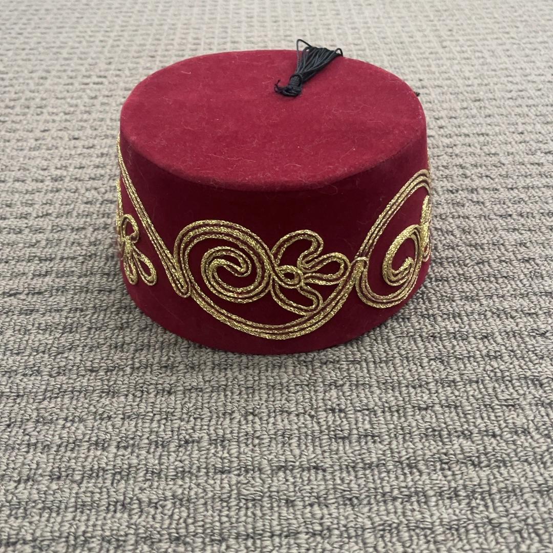 Vintage Red Fez Hat with Gold Embroidery