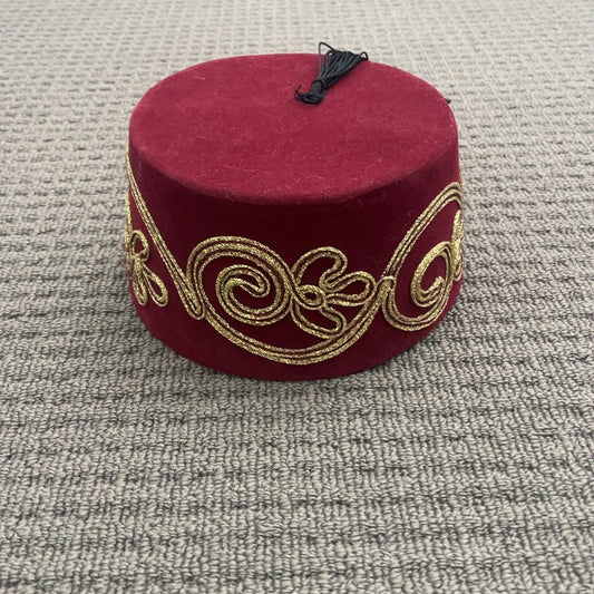 Vintage Red Fez Hat with Gold Embroidery